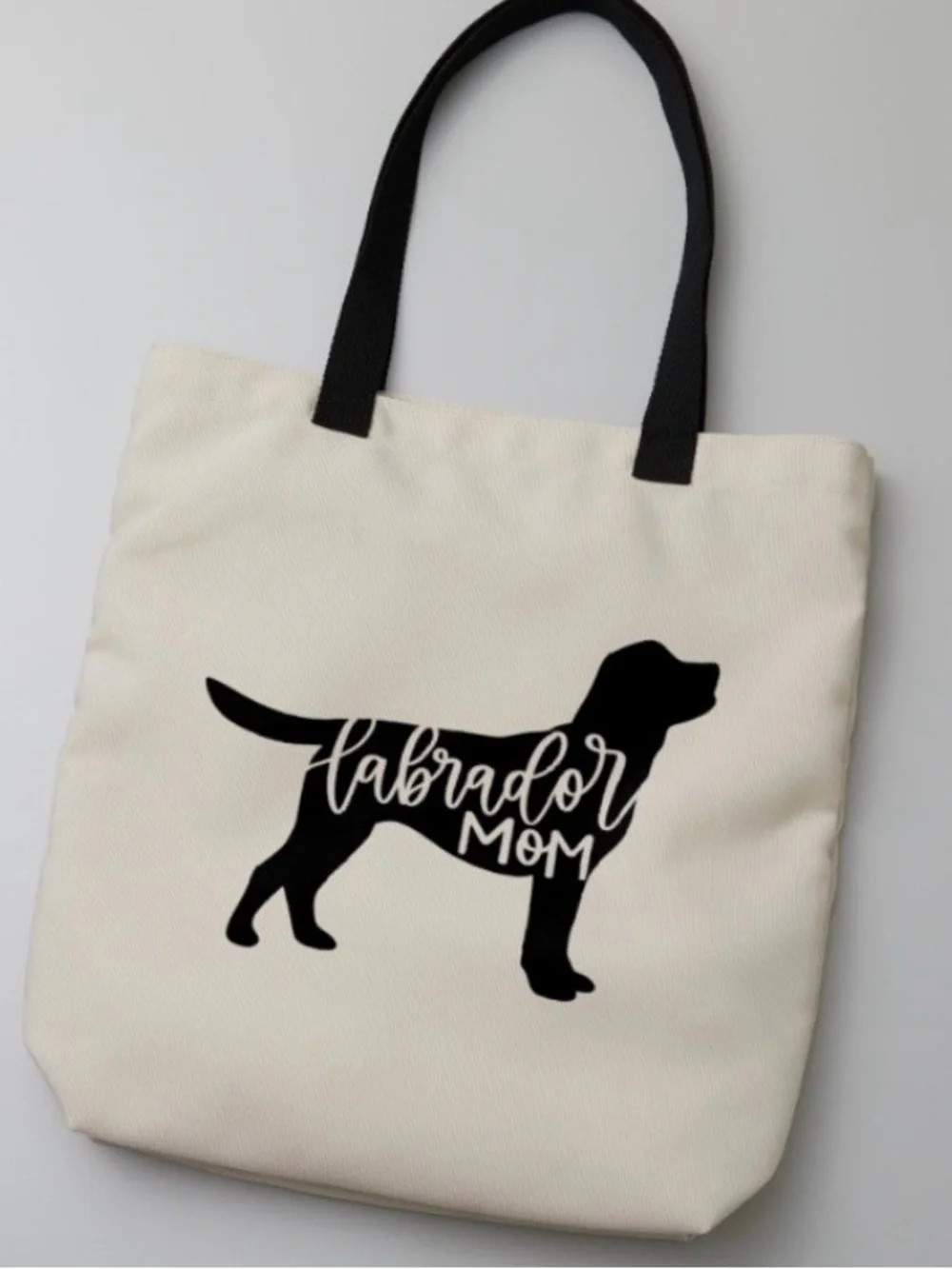 Canvas 'Labrador Mom' Tote Bag in Cream with Black Print Lab 19“ x 14“